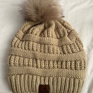 Tan Knit Pom-Pom Beanie
